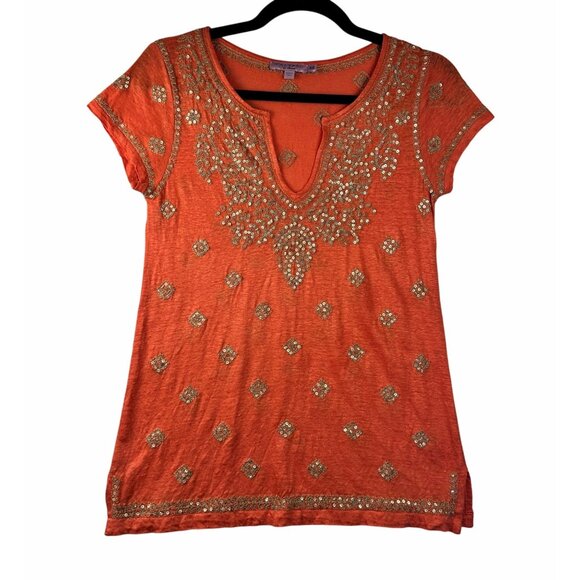 Calypso St. Barth Embroidered Sequined Linen Top Orange Gold Beaded XS Boho Chic - Picture 1 of 9